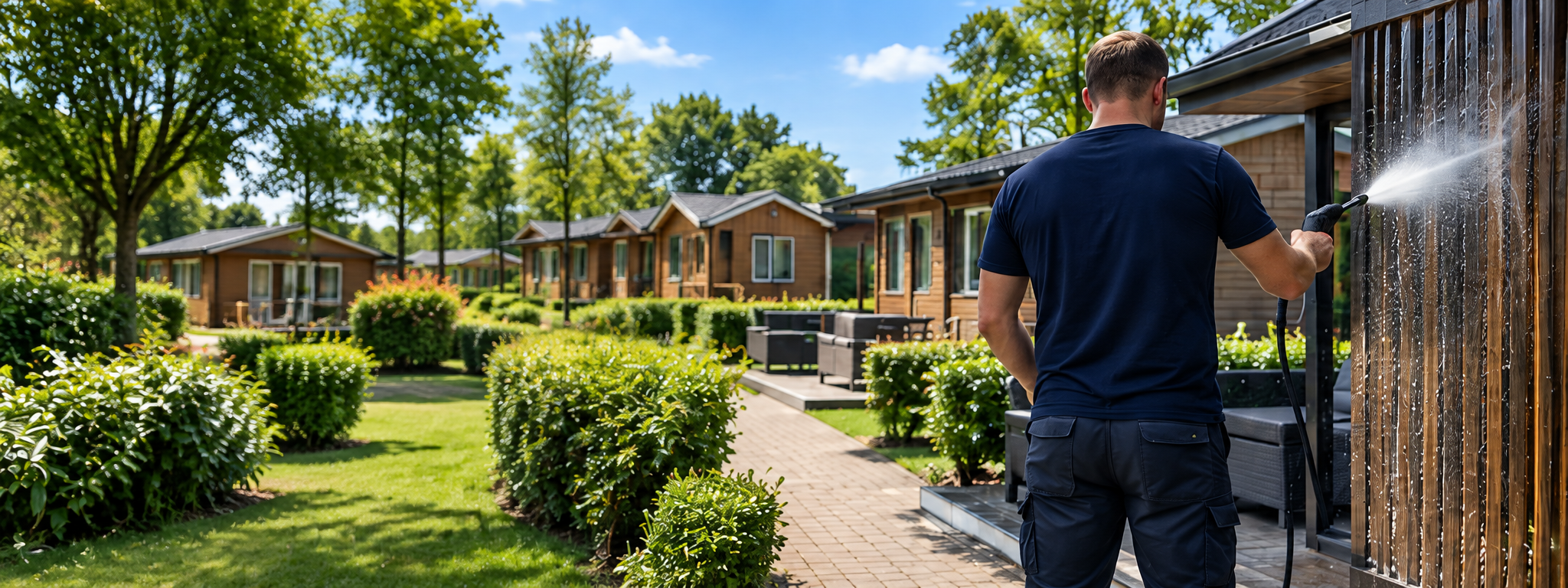 Medewerker van JWS Allround Service spuit een chalet af met een hogedrukreiniger op een vakantiepark