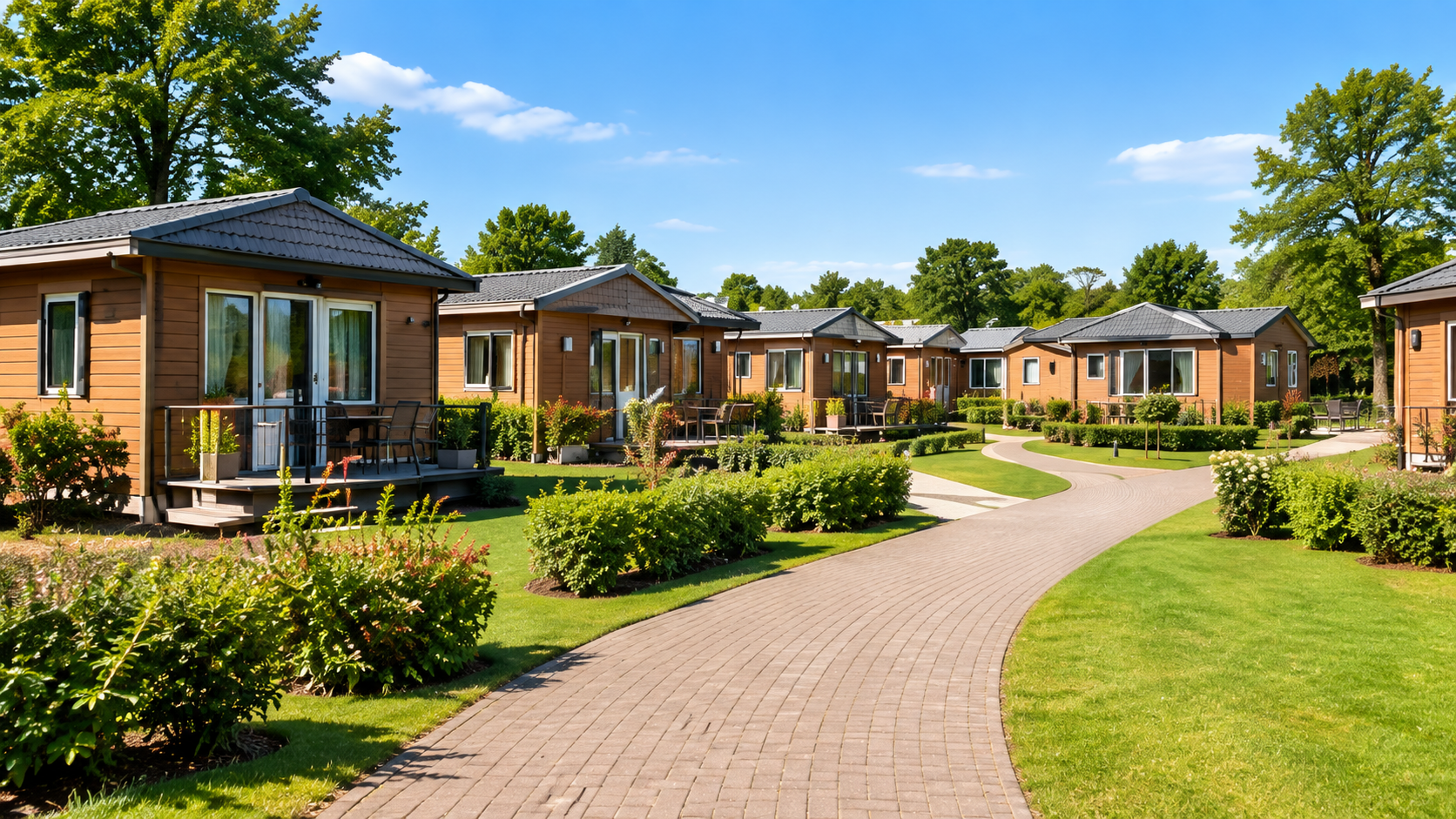 Verzorgd vakantiepark met chalets en aangelegde tuinen
