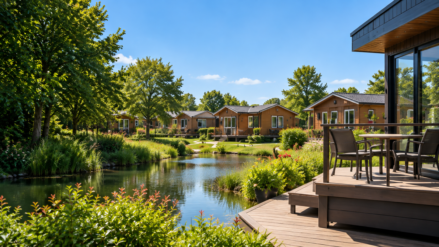 Vakantiepark met chalets aan het water en een verzorgd terras